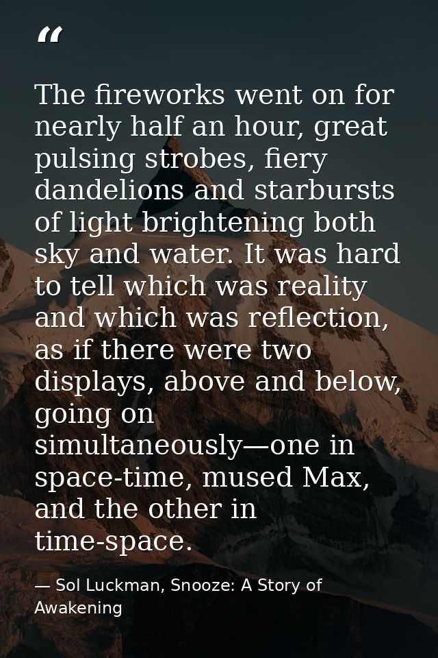 The fireworks went on for nearly half an hour, great pulsing strobes, fiery dandelions and starbursts of light brighteni — Sol Luckman, Snooze: A Story of Awakening