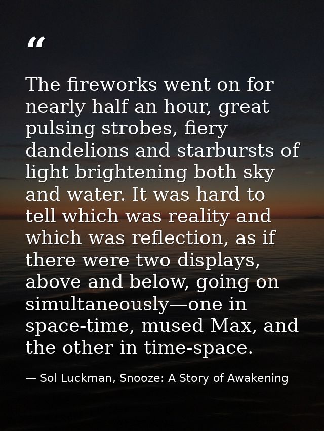 The fireworks went on for nearly half an hour, great pulsing strobes, fiery dandelions and starbursts of light brighteni — Sol Luckman, Snooze: A Story of Awakening