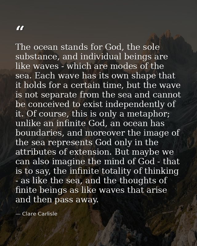The ocean stands for God, the sole substance, and individual beings are like waves - which are modes of the sea. Each wa — Clare Carlisle