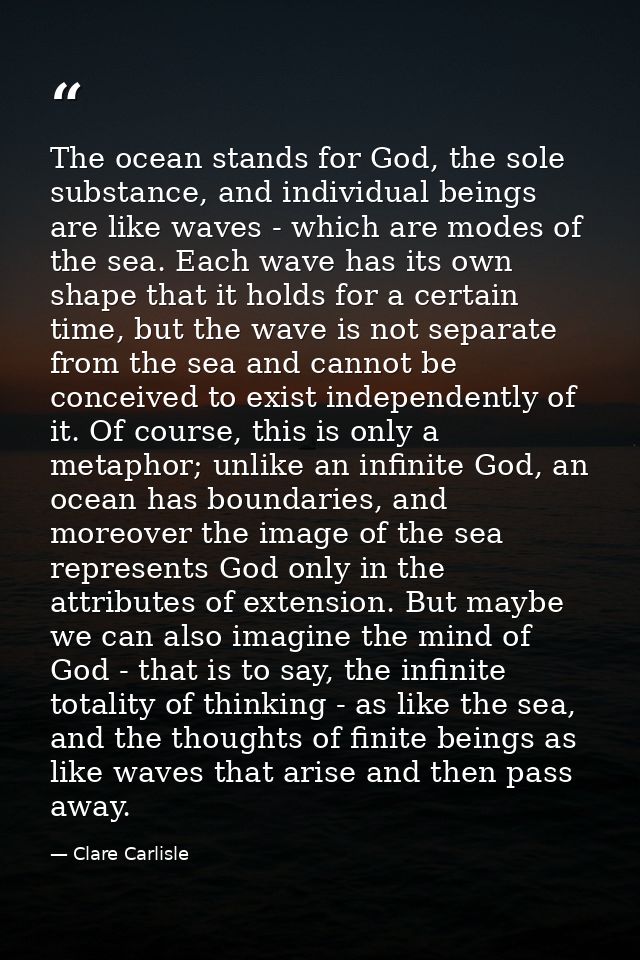 The ocean stands for God, the sole substance, and individual beings are like waves - which are modes of the sea. Each wa — Clare Carlisle