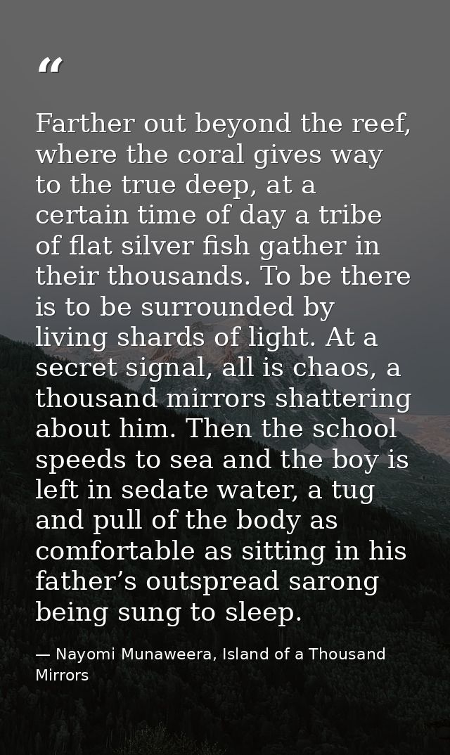 Farther out beyond the reef, where the coral gives way to the true deep, at a certain time of day a tribe of flat silver — Nayomi Munaweera, Island of a Thousand Mirrors