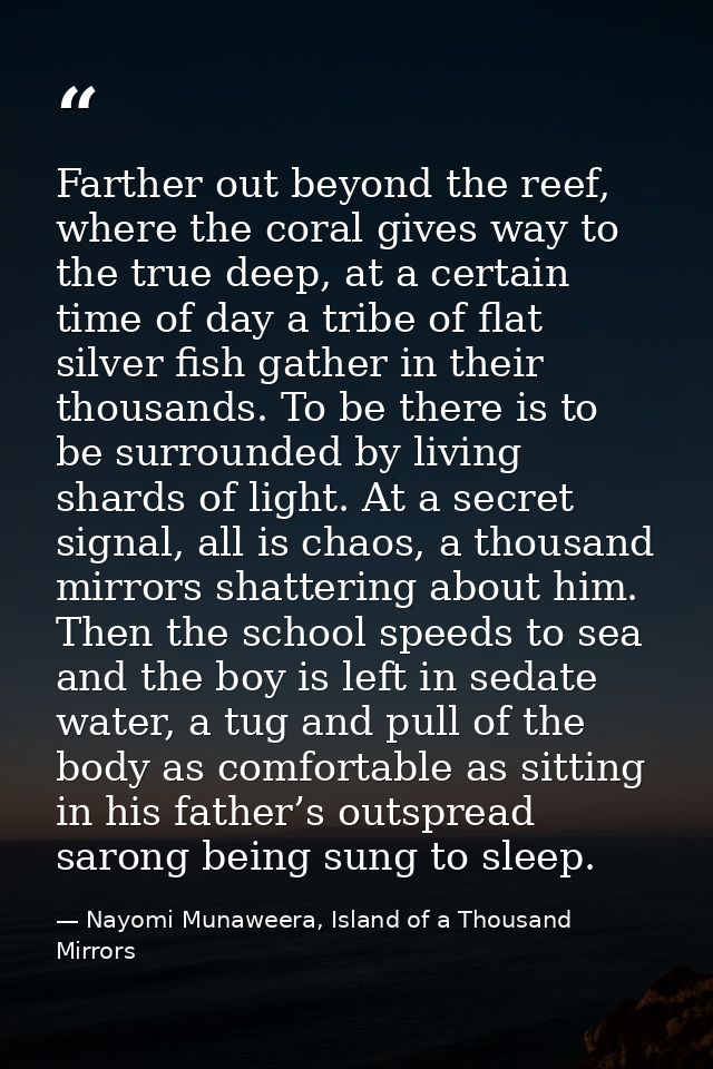 Farther out beyond the reef, where the coral gives way to the true deep, at a certain time of day a tribe of flat silver — Nayomi Munaweera, Island of a Thousand Mirrors