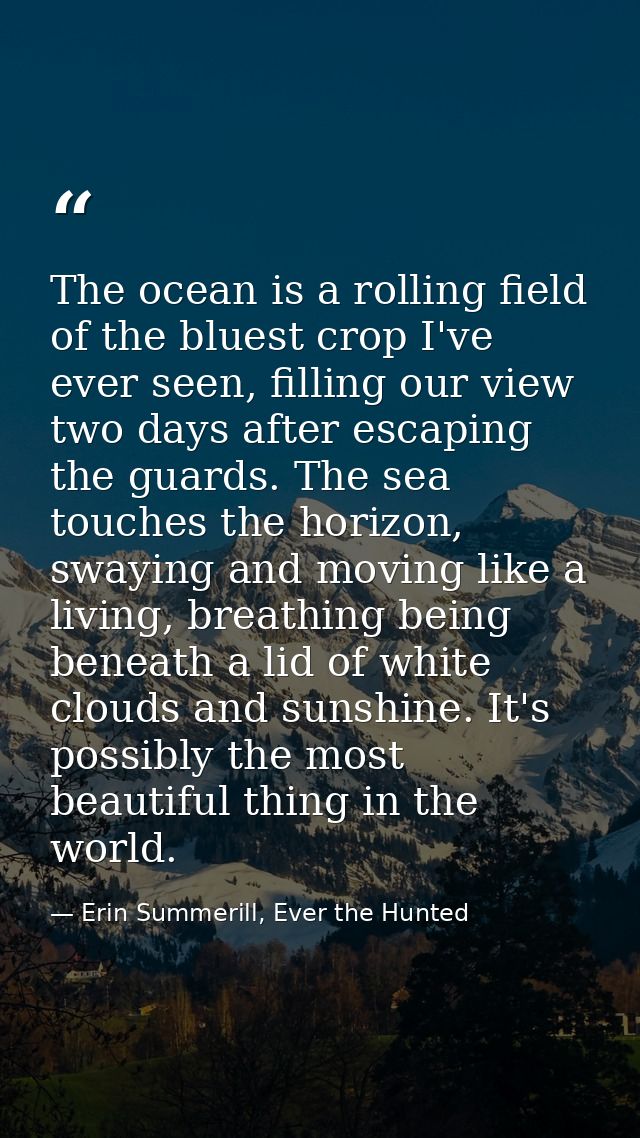 The ocean is a rolling field of the bluest crop I've ever seen, filling our view two days after escaping the guards. The — Erin Summerill, Ever the Hunted