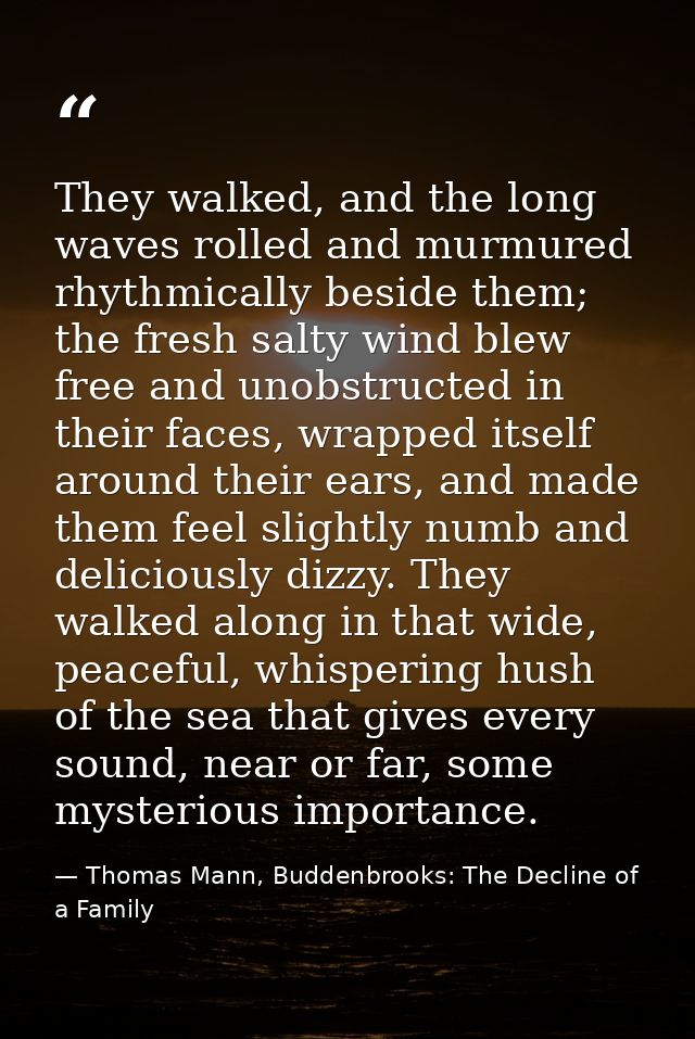 They walked, and the long waves rolled and murmured rhythmically beside them; the fresh salty wind blew free and unobstr — Thomas Mann, Buddenbrooks: The Decline of a Family
