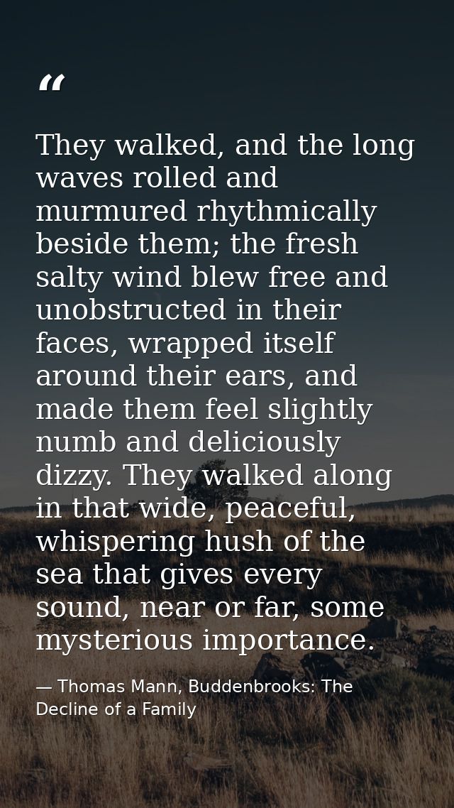 They walked, and the long waves rolled and murmured rhythmically beside them; the fresh salty wind blew free and unobstr — Thomas Mann, Buddenbrooks: The Decline of a Family