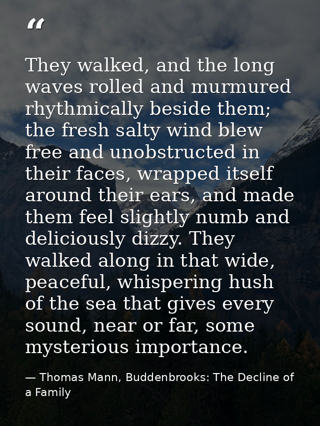 They walked, and the long waves rolled and murmured rhythmically beside them; the fresh salty wind blew free and unobstr — Thomas Mann, Buddenbrooks: The Decline of a Family