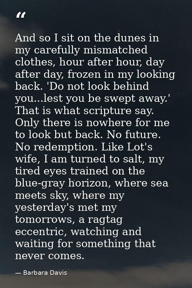 And so I sit on the dunes in my carefully mismatched clothes, hour after hour, day after day, frozen in my looking back. — Barbara Davis