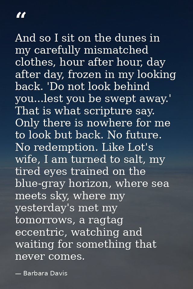 And so I sit on the dunes in my carefully mismatched clothes, hour after hour, day after day, frozen in my looking back. — Barbara Davis