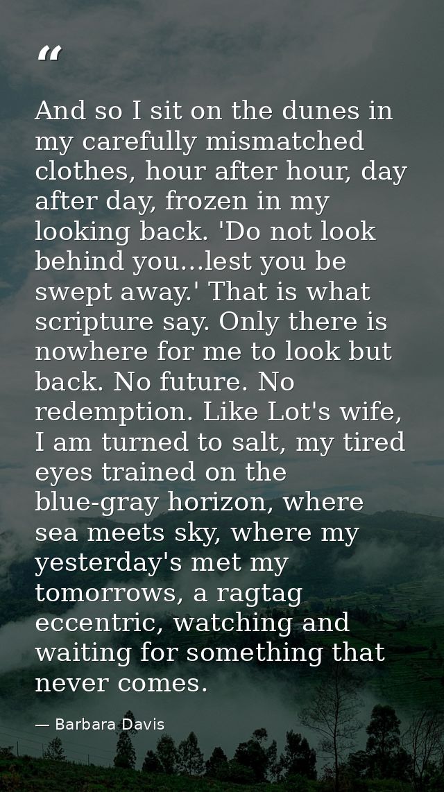 And so I sit on the dunes in my carefully mismatched clothes, hour after hour, day after day, frozen in my looking back. — Barbara Davis