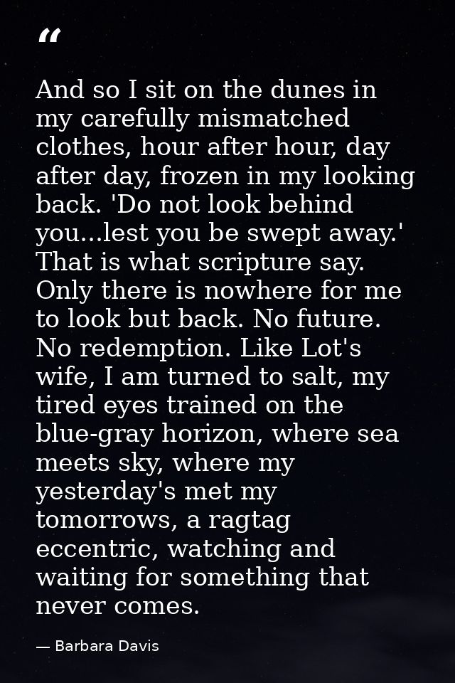 And so I sit on the dunes in my carefully mismatched clothes, hour after hour, day after day, frozen in my looking back. — Barbara Davis