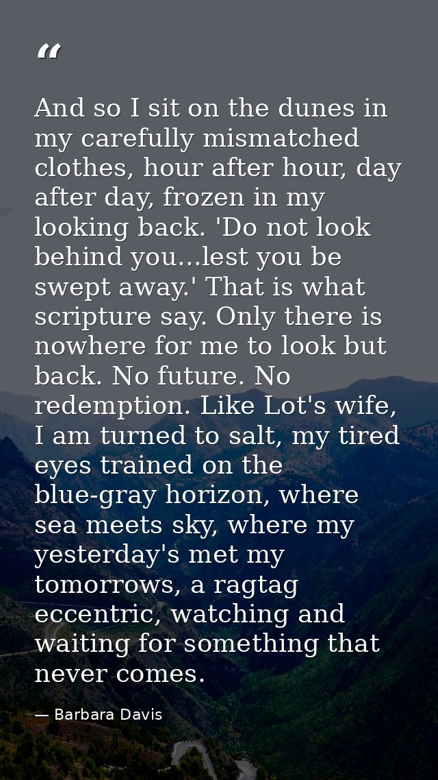 And so I sit on the dunes in my carefully mismatched clothes, hour after hour, day after day, frozen in my looking back. — Barbara Davis