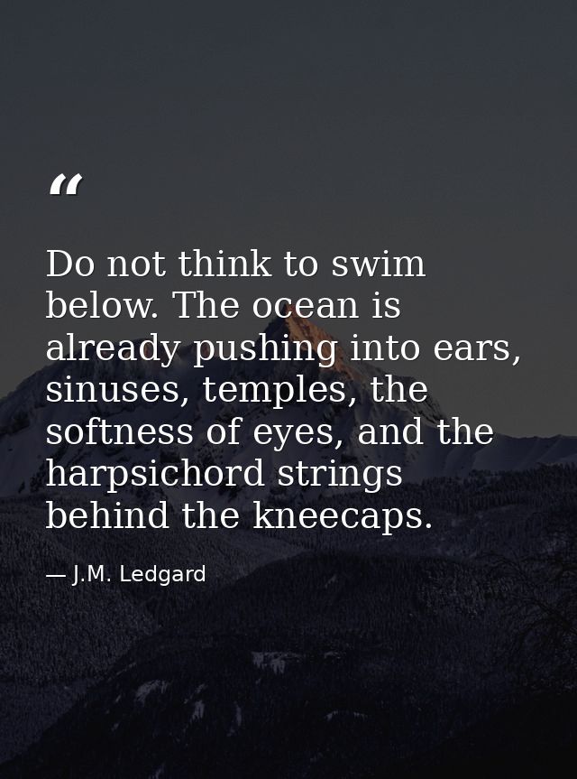 Do not think to swim below. The ocean is already pushing into ears, sinuses, temples, the softness of eyes, and the harp — J.M. Ledgard