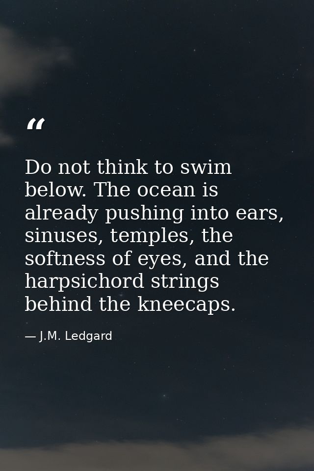 Do not think to swim below. The ocean is already pushing into ears, sinuses, temples, the softness of eyes, and the harp — J.M. Ledgard