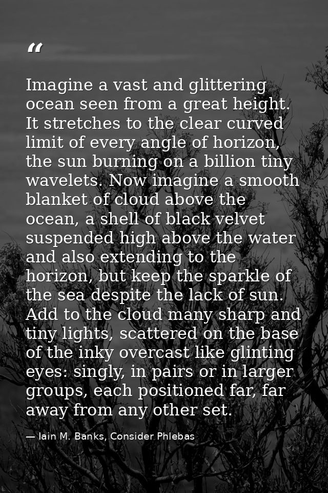 Imagine a vast and glittering ocean seen from a great height. It stretches to the clear curved limit of every angle of h — Iain M. Banks, Consider Phlebas