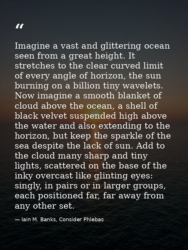 Imagine a vast and glittering ocean seen from a great height. It stretches to the clear curved limit of every angle of h — Iain M. Banks, Consider Phlebas