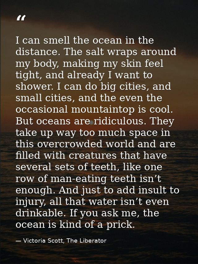 I can smell the ocean in the distance. The salt wraps around my body, making my skin feel tight, and already I want to s — Victoria Scott, The Liberator