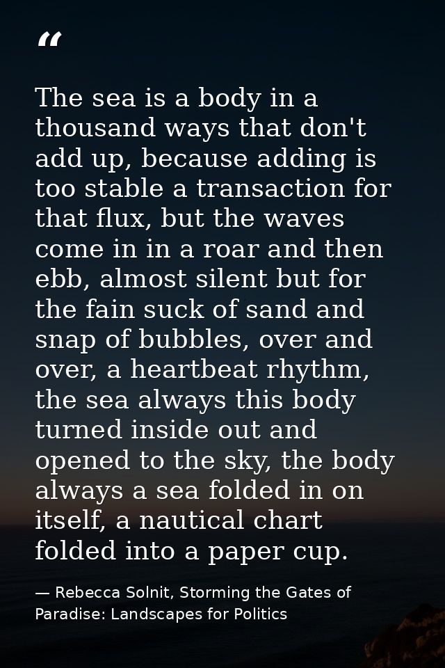 The sea is a body in a thousand ways that don't add up, because adding is too stable a transaction for that flux, but th — Rebecca Solnit, Storming the Gates of Paradise: Landscapes for Politics