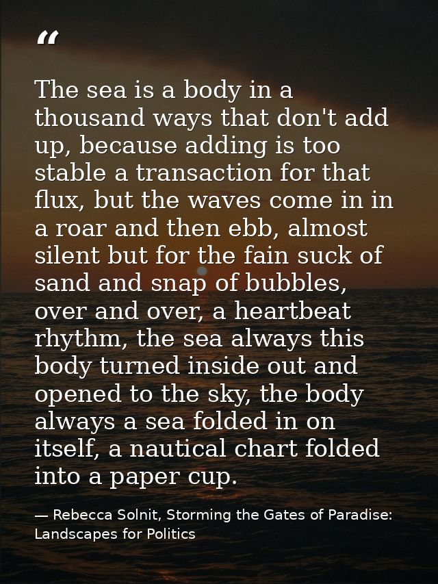 The sea is a body in a thousand ways that don't add up, because adding is too stable a transaction for that flux, but th — Rebecca Solnit, Storming the Gates of Paradise: Landscapes for Politics