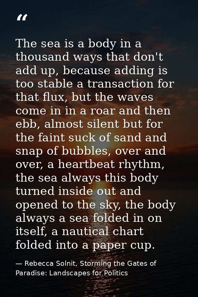 The sea is a body in a thousand ways that don't add up, because adding is too stable a transaction for that flux, but th — Rebecca Solnit, Storming the Gates of Paradise: Landscapes for Politics