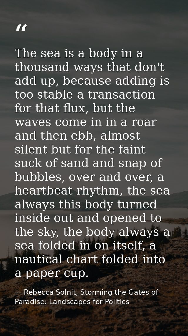 The sea is a body in a thousand ways that don't add up, because adding is too stable a transaction for that flux, but th — Rebecca Solnit, Storming the Gates of Paradise: Landscapes for Politics