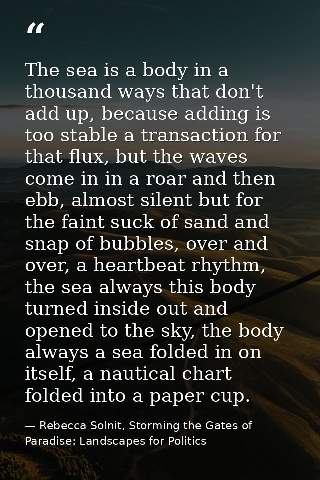 The sea is a body in a thousand ways that don't add up, because adding is too stable a transaction for that flux, but th — Rebecca Solnit, Storming the Gates of Paradise: Landscapes for Politics