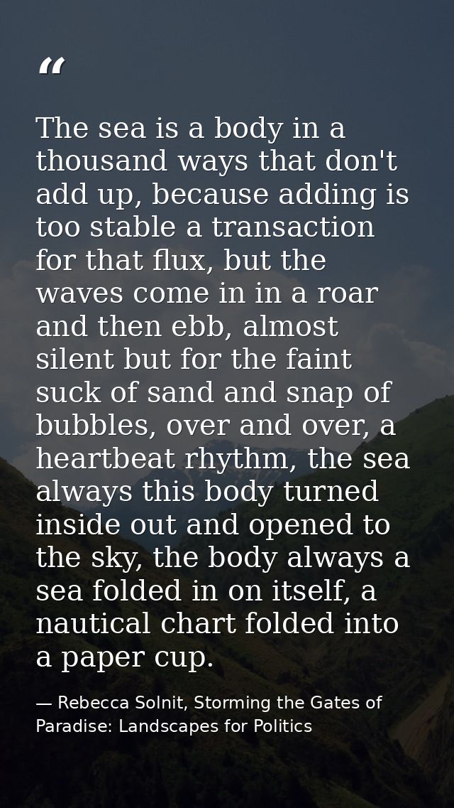 The sea is a body in a thousand ways that don't add up, because adding is too stable a transaction for that flux, but th — Rebecca Solnit, Storming the Gates of Paradise: Landscapes for Politics