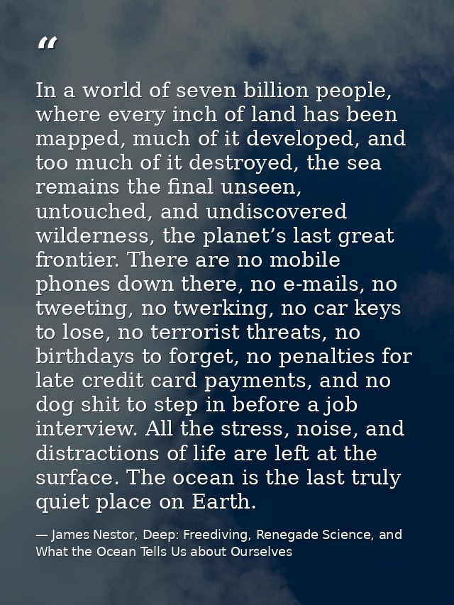In a world of seven billion people, where every inch of land has been mapped, much of it developed, and too much of it d — James Nestor, Deep: Freediving, Renegade Science, and What the Ocean Tells Us about Ourselves
