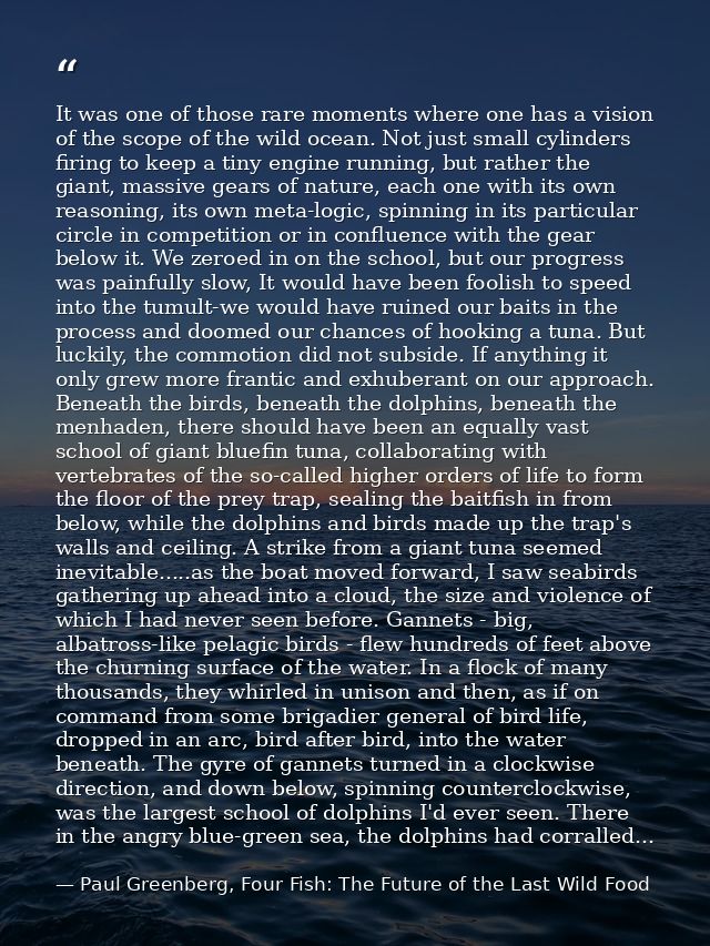 It was one of those rare moments where one has a vision of the scope of the wild ocean. Not just small cylinders firing  — Paul Greenberg, Four Fish: The Future of the Last Wild Food