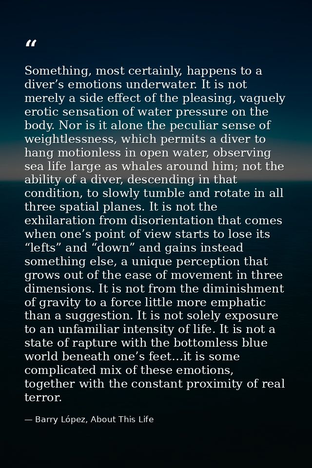 Something, most certainly, happens to a diver’s emotions underwater. It is not merely a side effect of the pleasing, vag — Barry López, About This Life
