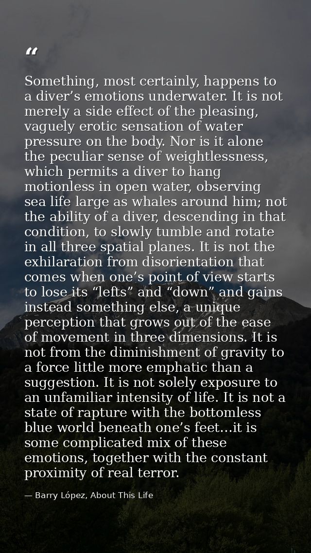 Something, most certainly, happens to a diver’s emotions underwater. It is not merely a side effect of the pleasing, vag — Barry López, About This Life