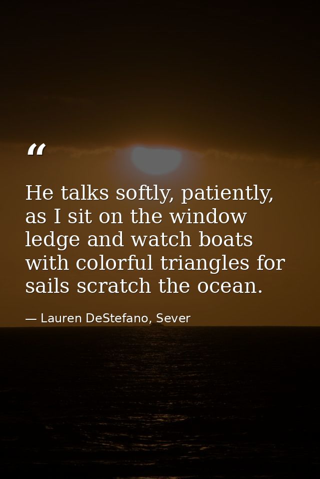 He talks softly, patiently, as I sit on the window ledge and watch boats with colorful triangles for sails scratch the o — Lauren DeStefano, Sever