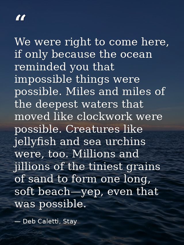 We were right to come here, if only because the ocean reminded you that impossible things were possible. Miles and miles — Deb Caletti, Stay
