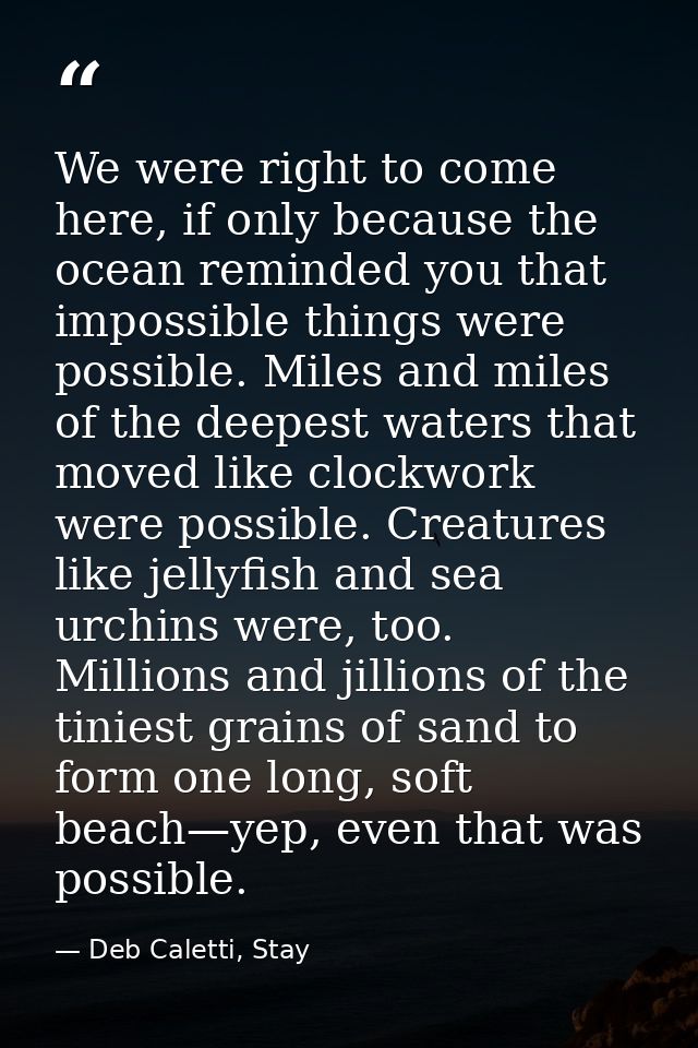 We were right to come here, if only because the ocean reminded you that impossible things were possible. Miles and miles — Deb Caletti, Stay