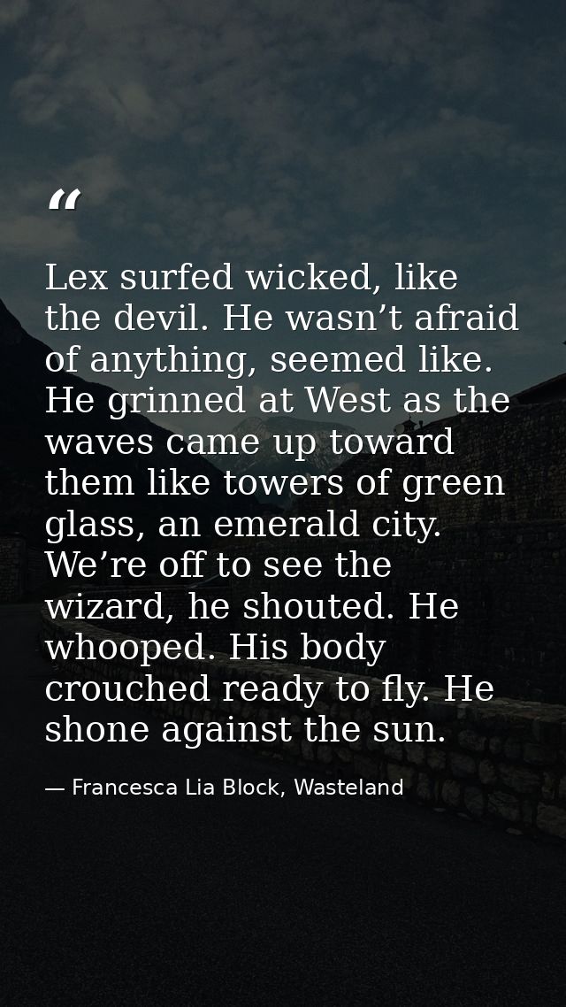 Lex surfed wicked, like the devil. He wasn’t afraid of anything, seemed like. He grinned at West as the waves came up to — Francesca Lia Block, Wasteland