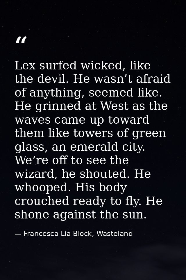 Lex surfed wicked, like the devil. He wasn’t afraid of anything, seemed like. He grinned at West as the waves came up to — Francesca Lia Block, Wasteland
