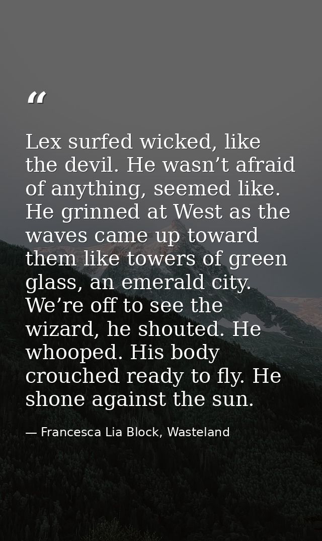 Lex surfed wicked, like the devil. He wasn’t afraid of anything, seemed like. He grinned at West as the waves came up to — Francesca Lia Block, Wasteland