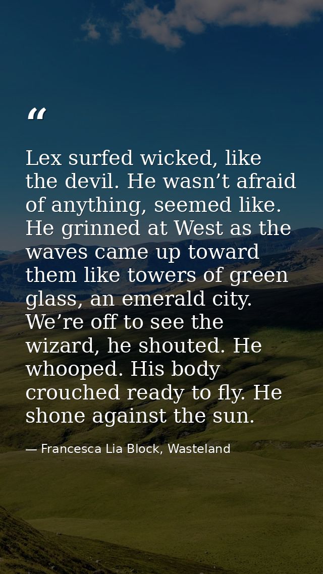 Lex surfed wicked, like the devil. He wasn’t afraid of anything, seemed like. He grinned at West as the waves came up to — Francesca Lia Block, Wasteland