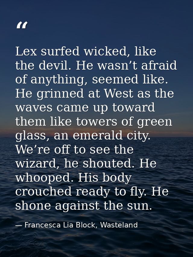 Lex surfed wicked, like the devil. He wasn’t afraid of anything, seemed like. He grinned at West as the waves came up to — Francesca Lia Block, Wasteland