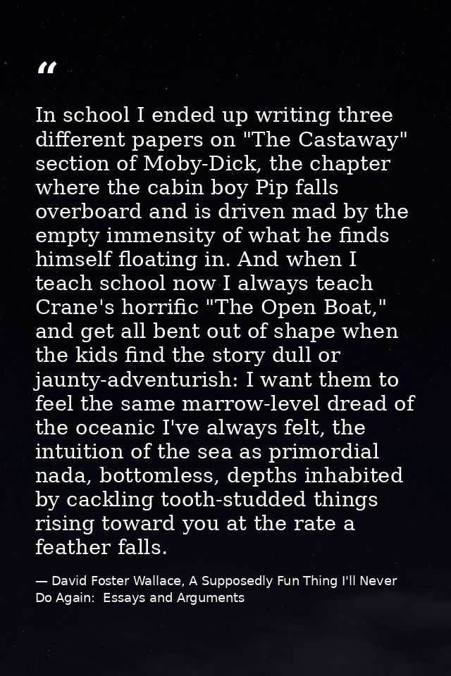 In school I ended up writing three different papers on "The Castaway" section of Moby-Dick, the chapter where the cabin  — David Foster Wallace, A Supposedly Fun Thing I'll Never Do Again:  Essays and Arguments