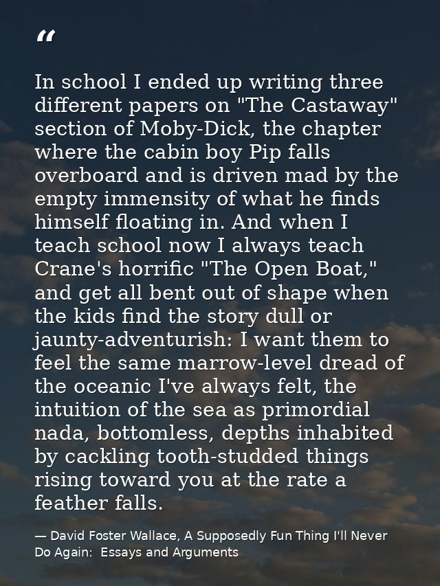 In school I ended up writing three different papers on "The Castaway" section of Moby-Dick, the chapter where the cabin  — David Foster Wallace, A Supposedly Fun Thing I'll Never Do Again:  Essays and Arguments