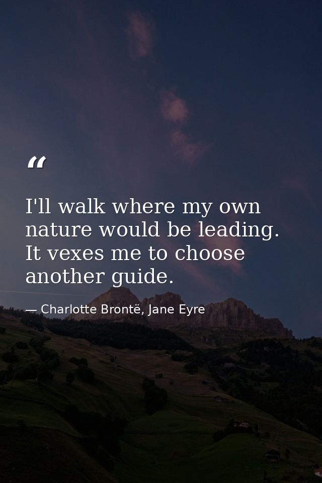 I'll walk where my own nature would be leading. It vexes me to choose another guide. — Charlotte Brontë, Jane Eyre