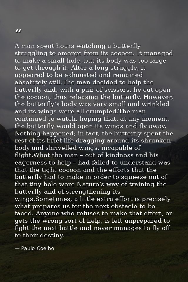 A man spent hours watching a butterfly struggling to emerge from its cocoon. It managed to make a small hole, but its bo — Paulo Coelho