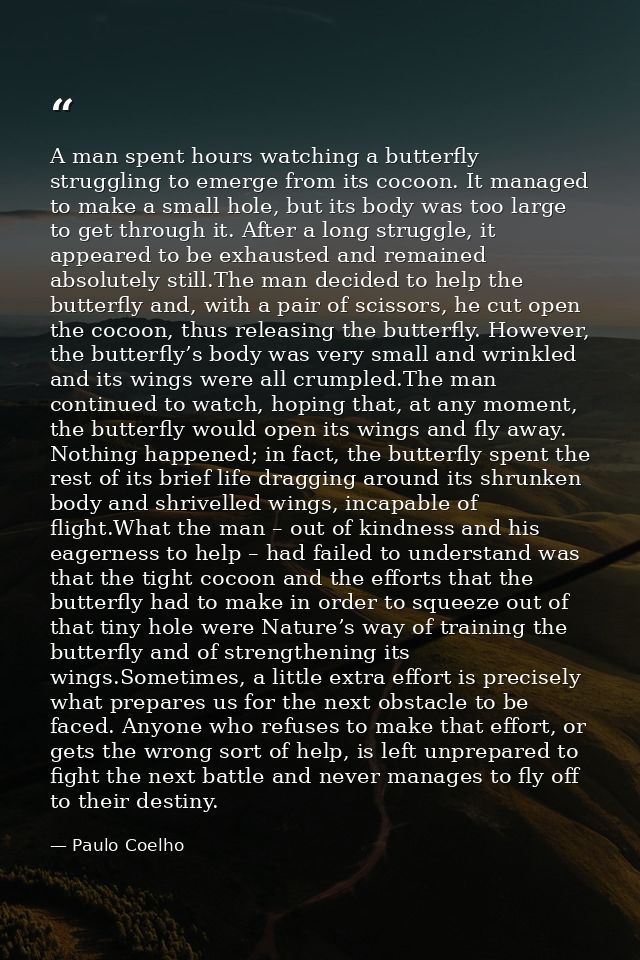 A man spent hours watching a butterfly struggling to emerge from its cocoon. It managed to make a small hole, but its bo — Paulo Coelho