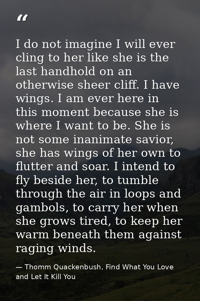 I do not imagine I will ever cling to her like she is the last handhold on an otherwise sheer cliff. I have wings. I am  — Thomm Quackenbush, Find What You Love and Let It Kill You