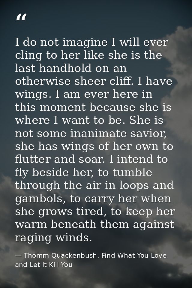 I do not imagine I will ever cling to her like she is the last handhold on an otherwise sheer cliff. I have wings. I am  — Thomm Quackenbush, Find What You Love and Let It Kill You