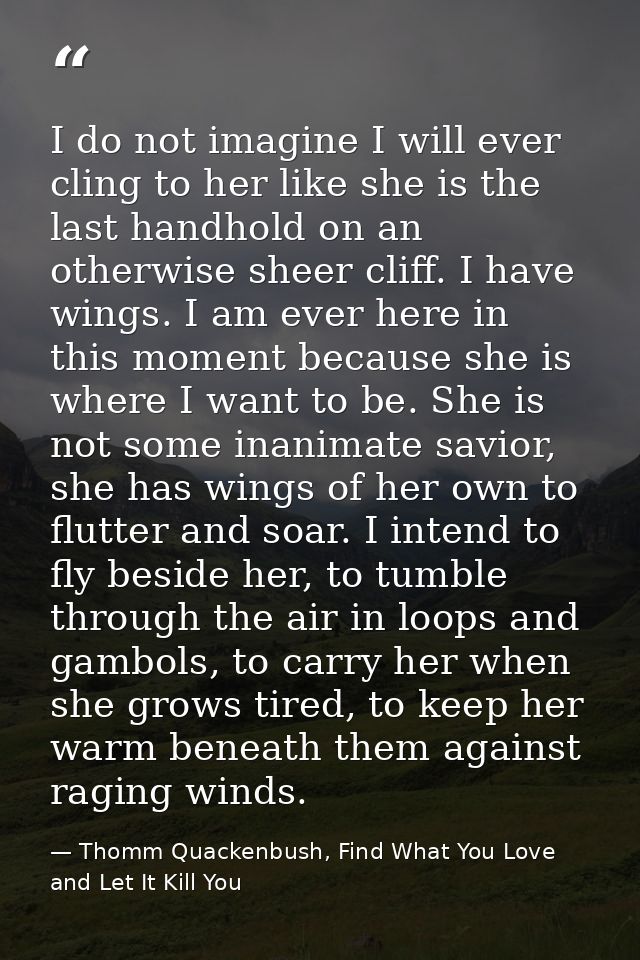 I do not imagine I will ever cling to her like she is the last handhold on an otherwise sheer cliff. I have wings. I am  — Thomm Quackenbush, Find What You Love and Let It Kill You