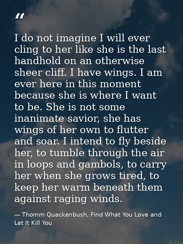 I do not imagine I will ever cling to her like she is the last handhold on an otherwise sheer cliff. I have wings. I am  — Thomm Quackenbush, Find What You Love and Let It Kill You