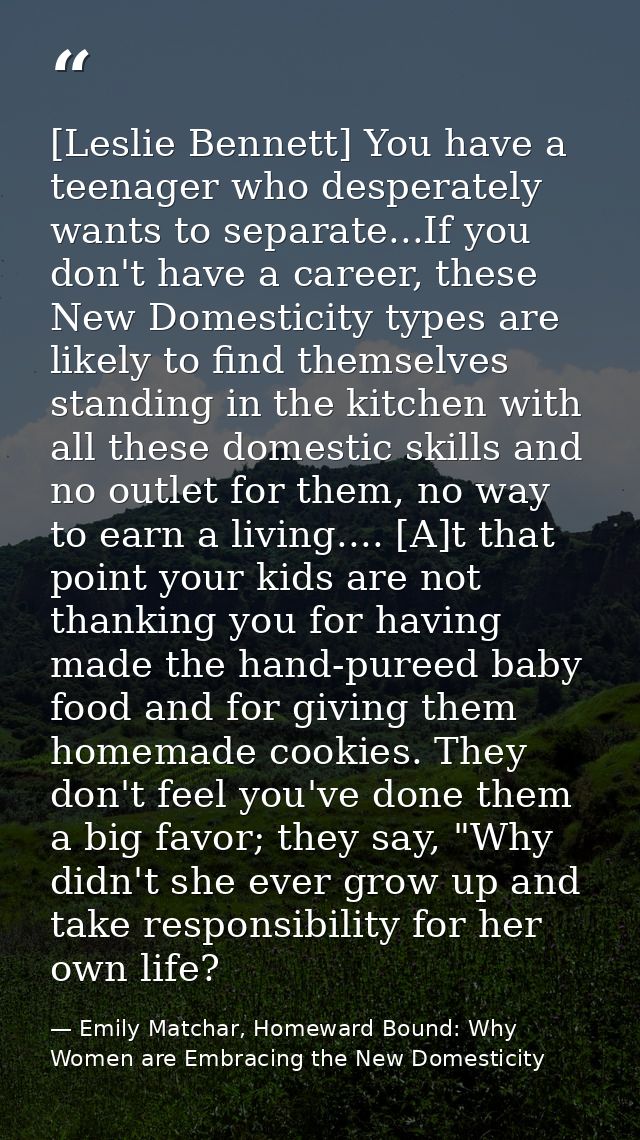 [Leslie Bennett] You have a teenager who desperately wants to separate...If you don't have a career, these New Domestici — Emily Matchar, Homeward Bound: Why Women are Embracing the New Domesticity