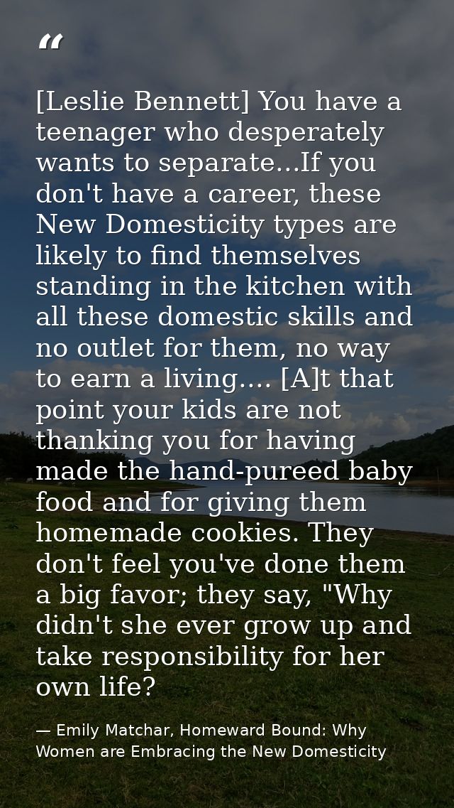 [Leslie Bennett] You have a teenager who desperately wants to separate...If you don't have a career, these New Domestici — Emily Matchar, Homeward Bound: Why Women are Embracing the New Domesticity