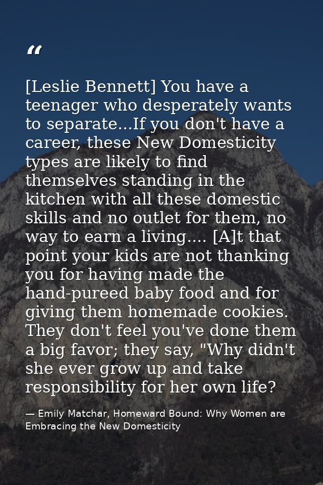 [Leslie Bennett] You have a teenager who desperately wants to separate...If you don't have a career, these New Domestici — Emily Matchar, Homeward Bound: Why Women are Embracing the New Domesticity